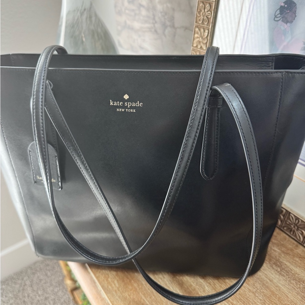 kate spade Black Leather Tote with Gold Logo